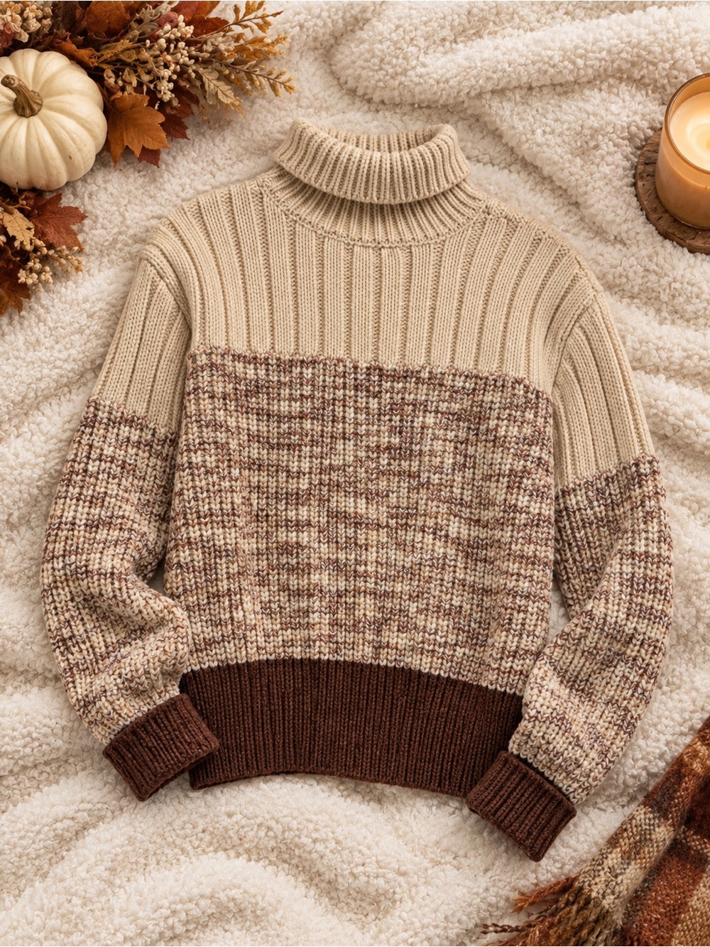 Pink lily Cozy knit Turtleneck Sweater in Cream and Brown great material